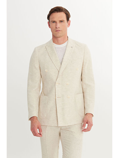 Altınyıldız Classics Erkek Bej Keten Slim Fit Dar Kesim Kırlangıç Yaka Desenli Kruvaze Takım Elbise - S000422823-19928