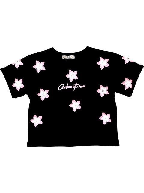 Little Star Kız Çocuk Çiçek Baskılı Taş ve İnci Detaylı Tshirt - S000350985-19351