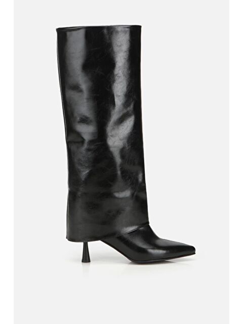 Yaya By Hotiç Kadın Rugan Siyah Kırışık Görünümlü Topuklu Çizme - S000490766-19351