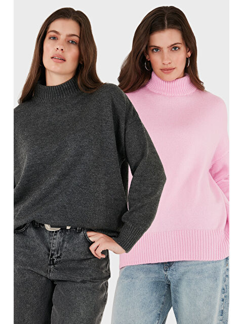 Lela Oversize Fit Balıkçı Yaka Yumuşak Dokulu 2'li Paket Triko Kazak 680KZ00469S2 - S000452486-37602