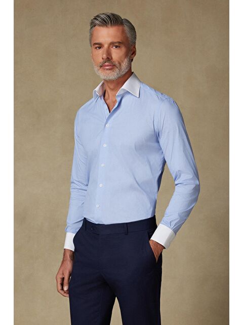ABBATE Sartoria Poplin Stretch Pamuk Karışımlı Slim Fit Mavi İtalyan Yaka Erkek Düz Gömlek - S000440982-17234