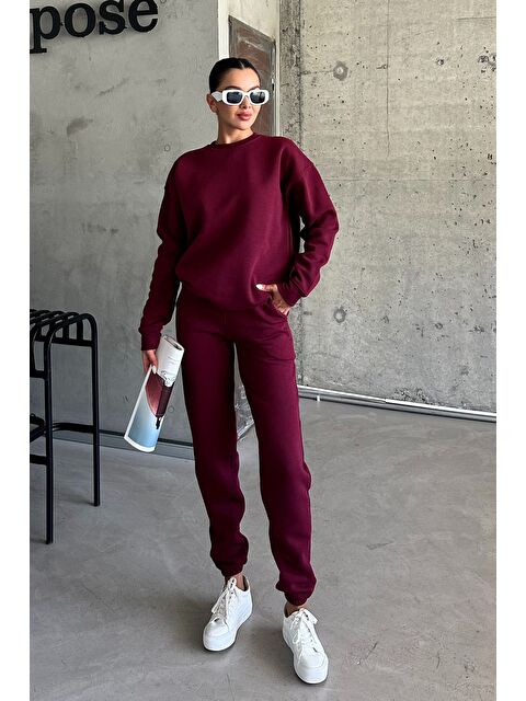 Trendseninle Kadın Erkek Bordo Bisiklet Yaka Düz Oversize Alt-Üst Eşofman Takımı - S000420671-19951