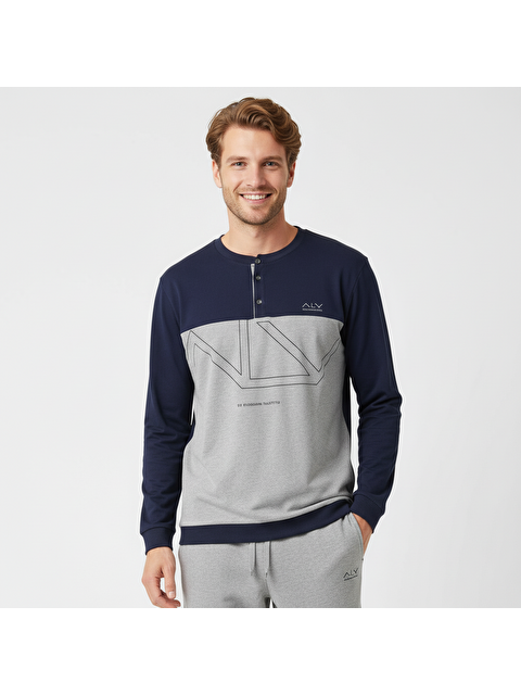 Bonbon Erkek Pamuklu Lacivert - Gri Renk Pijama Takımı Al008 V1