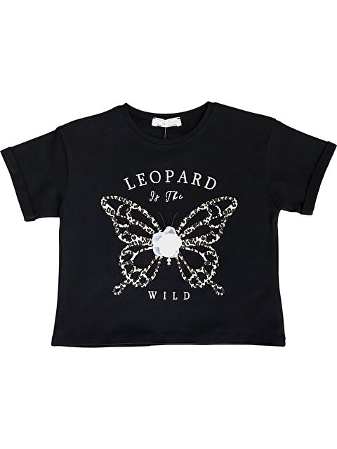 Little Star Kız Çocuk Leopar Baskılı Çiçek Aksesuarlı Tshirt - S000350990-19351