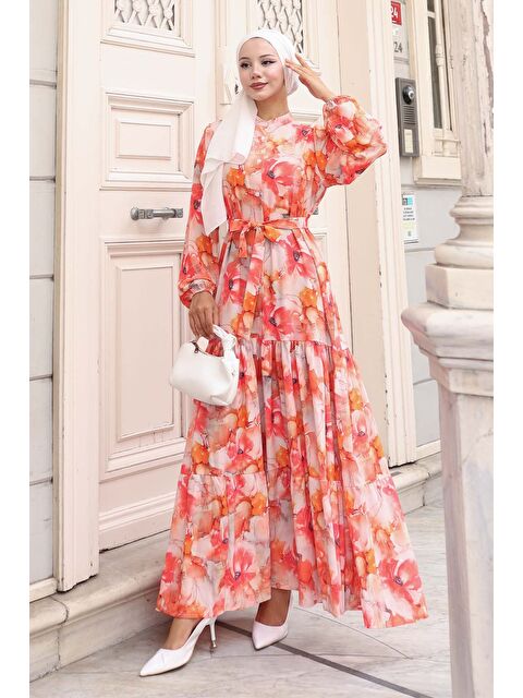 Bigdart Kadın Desenli Uzun Tesettür Elbise 2586 - Oranje - S000491203-20012