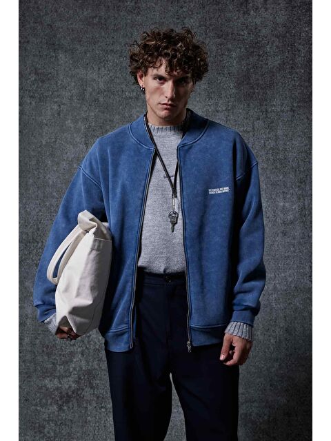 Abluka Online Erkek Oversize Yıkamalı Fermuarlı Sweatshirt Lacivert - S000481740-21164