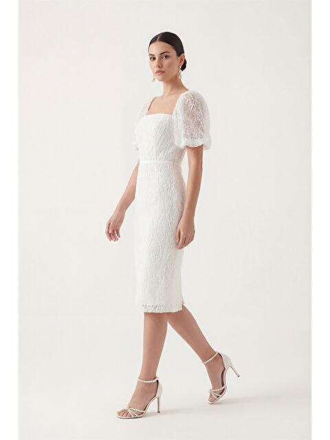 Lafaba Kadın Beyaz Kare Yaka Balon Kol Midi Söz Nişan Nikah Abiye Elbise - S000504569-20063