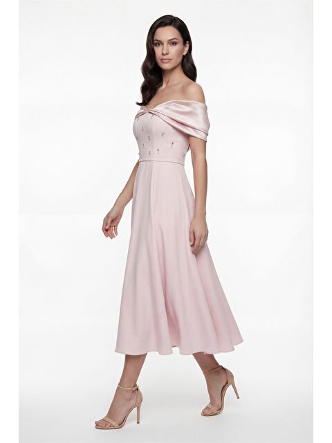 Lafaba Kadın Pudra Kayık Yaka Taş Detay Kloş Söz Nişan Nikah Abiye Elbise - S000504570-7152