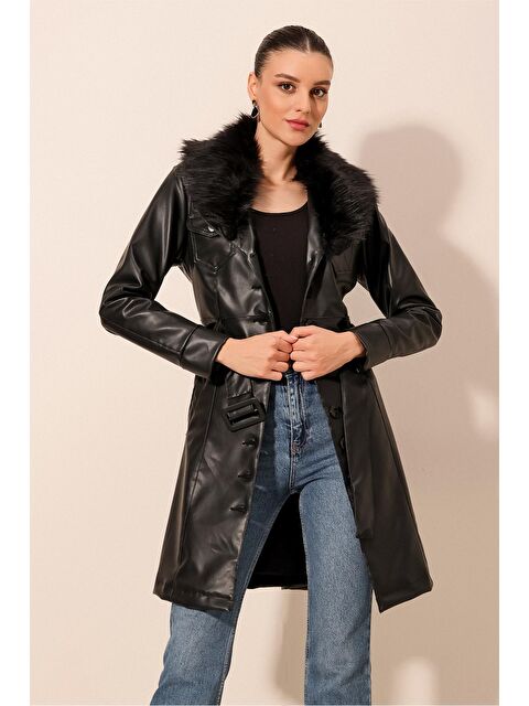 Bigdart Kadın Yakası Kürklü Deri Kaban 1048 - Siyah - S000435069-19351