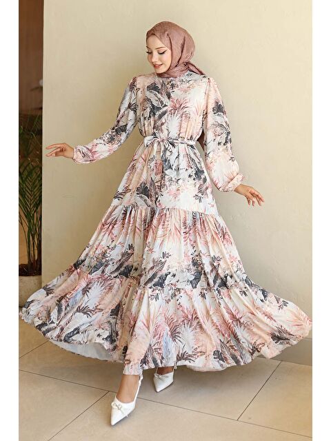 Bigdart Kadın Desenli Uzun Tesettür Elbise 2586 - Kahverengi - S000491203-19413