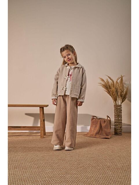 Magu Kız Çocuk Pamuklu Bej Çizgili Ceketli 3 Parça Takım - S000516467-37348