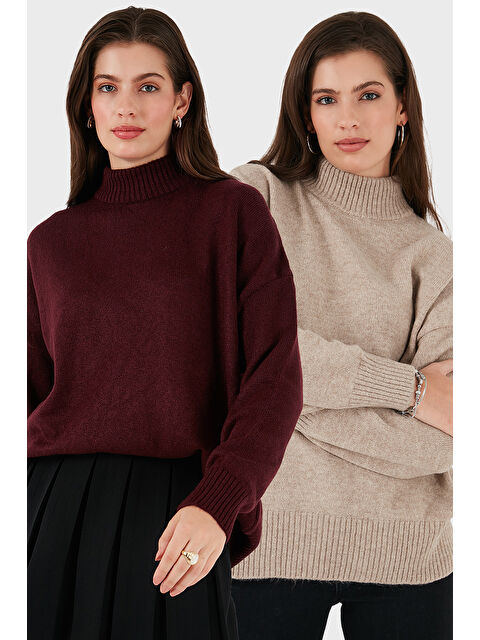 Lela Oversize Fit Balıkçı Yaka Yumuşak Dokulu 2'li Paket Triko Kazak 680KZ00469S2 - S000452486-5198