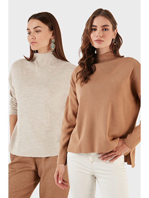 Lela Pamuklu Arkası Uzun Dik Yaka 2'li Paket Triko Kazak 4615002S2 - S000452489-37202