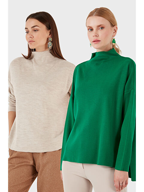 Lela Pamuklu Arkası Uzun Dik Yaka 2'li Paket Triko Kazak 4615002S2 - S000452489-37220