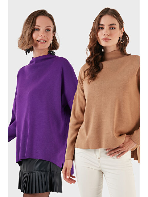 Lela Pamuklu Arkası Uzun Dik Yaka 2'li Paket Triko Kazak 4615002S2 - S000452489-6383