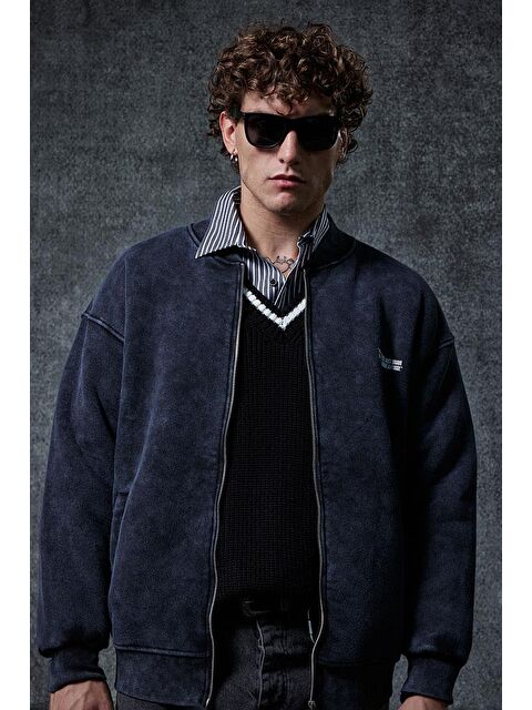 Abluka Online Erkek Oversize Yıkamalı Fermuarlı Sweatshirt Siyah - S000481740-19351