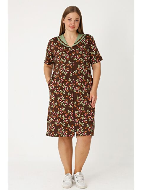 Intensive Kahverengi Çiçek Desenli Boydan Fermuarlı Biyeli Cepli Kadın Pamuklu Elbise - S000523570-19413