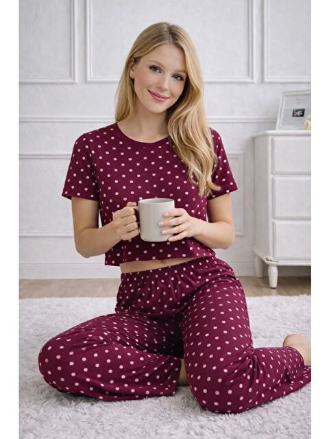 carla10 Kadın Bordo Puantiye Desenli Alt Üst Pijama Takımı - Ev Giyimi - S000523571-19951