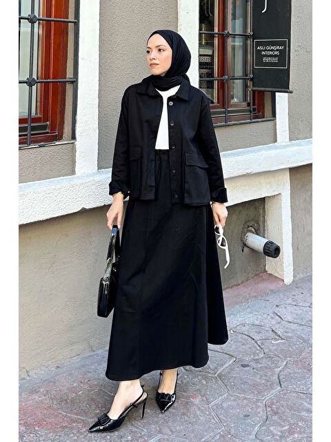 Lamelif Cep Detaylı İkili Etek Tesettür Takım Siyah - S000515296-19351