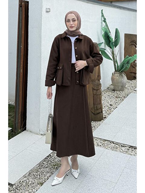 Lamelif Cep Detaylı İkili Etek Tesettür Takım Acı Kahverengi - S000515296-28102