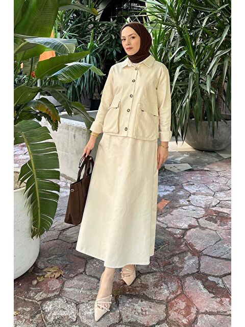 Lamelif Cep Detaylı İkili Etek Tesettür Takım Krem - S000515296-19966