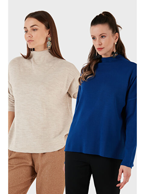 Lela Pamuklu Arkası Uzun Dik Yaka 2'li Paket Triko Kazak 4615002S2 - S000452489-37211