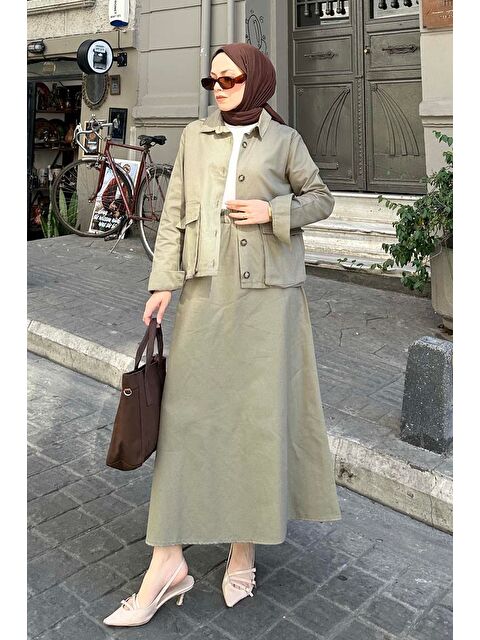 Lamelif Cep Detaylı İkili Etek Tesettür Takım Haki - S000515296-18547
