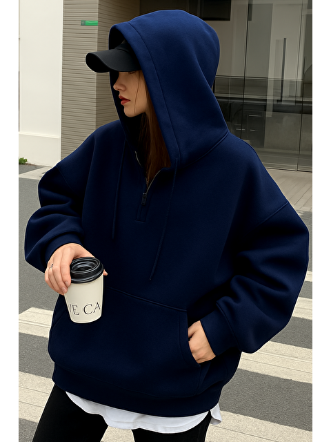 Tarz Cool Kadın Lacivert Oversize Kapüşonlu Önü Fermuarlı Yumuşak Kumaş Sweatshirt - S000478489-21164