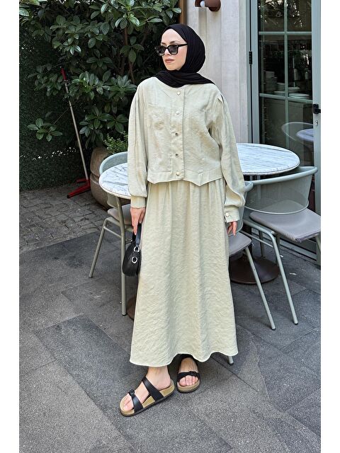 Lamelif Etekli Tesettür Takım Küf Yeşili