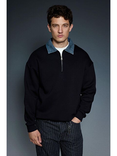 Abluka Online Erkek Denim Polo Yaka Yarım Fermuarlı Oversize Sweatshirt Siyah - S000481745-19351
