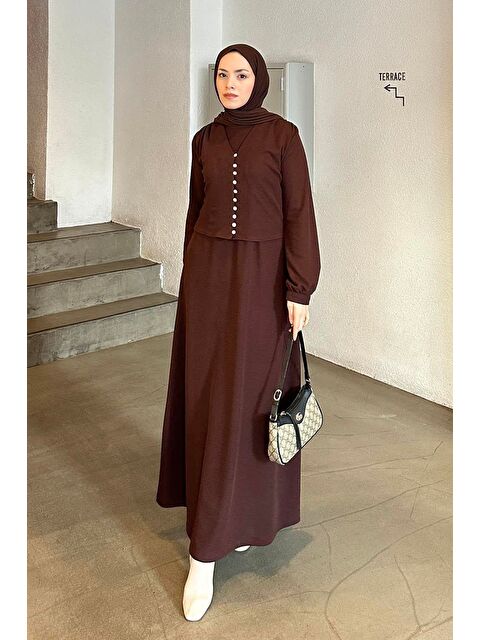 Lamelif Düğme Detaylı Hırka Tesettür Jile Takım Acı Kahverengi