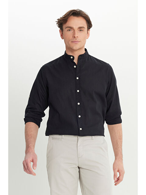Altınyıldız Classics Erkek Siyah Comfort Fit Rahat Kesim Hakim Yaka Gömlek
