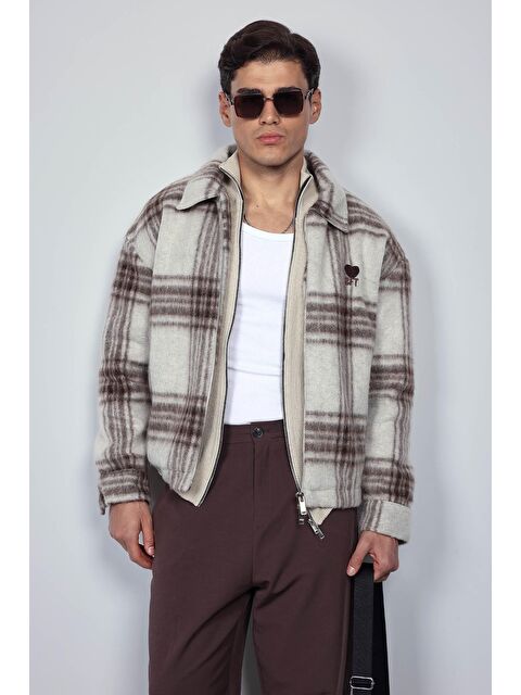 Abluka Online Erkek Oversize Fermuarlı Ekose Desenli Ceket Bej - S000481746-19928