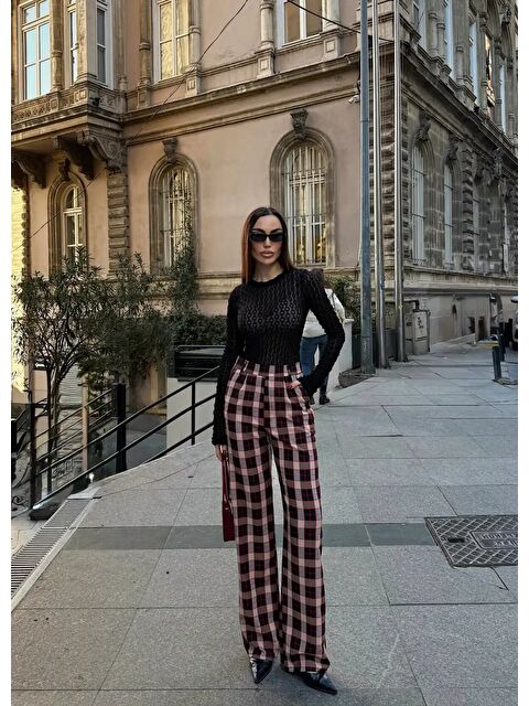 carla10 Yüksek Bel İspanyol Paça Ekose Pantolon - S000523574-19951