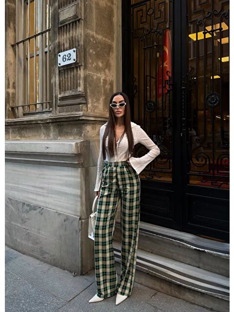 carla10 Yüksek Bel İspanyol Paça Ekose Pantolon - S000523572-18194