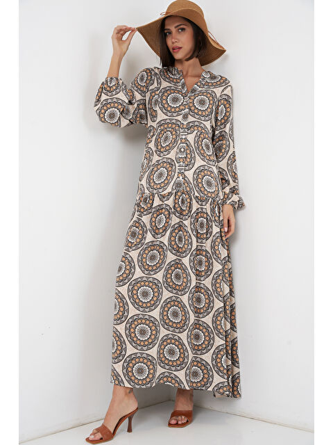 Bigdart Kadın Desenli Uzun Tesettür Elbise 2585 - C. Bej - S000407394-37202