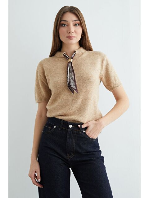 Fullamoda Fular Detaylı Bisiklet Yaka Kısa Kol Triko Kazak - S000503913-26429