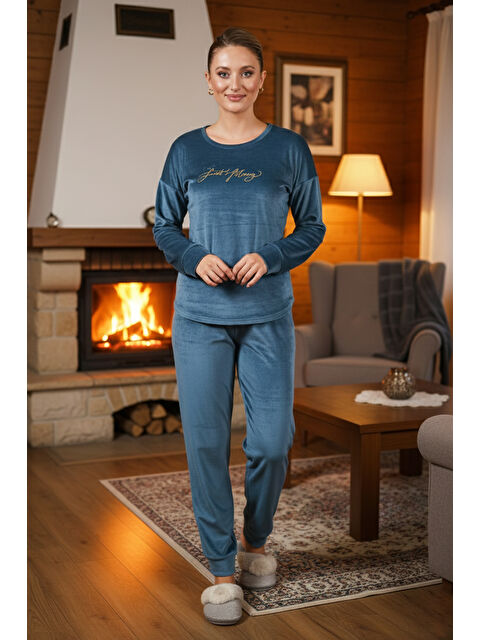 Remsa Kadın Kadife Baskılı Pijama Takımı 25383 Petrol - S000494608-20019