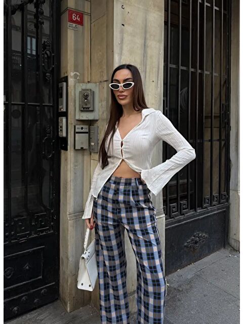 carla10 Yüksek Bel İspanyol Paça Ekose Pantolon - S000523576-21164