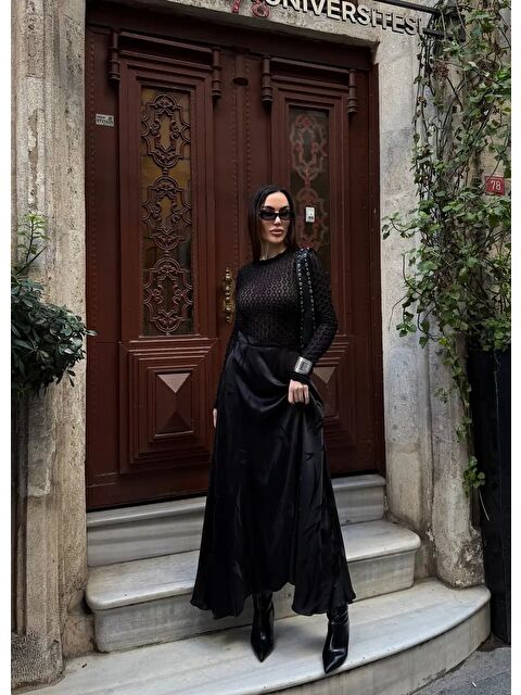 carla10 Yüksek Bel Desenli Saten Etek