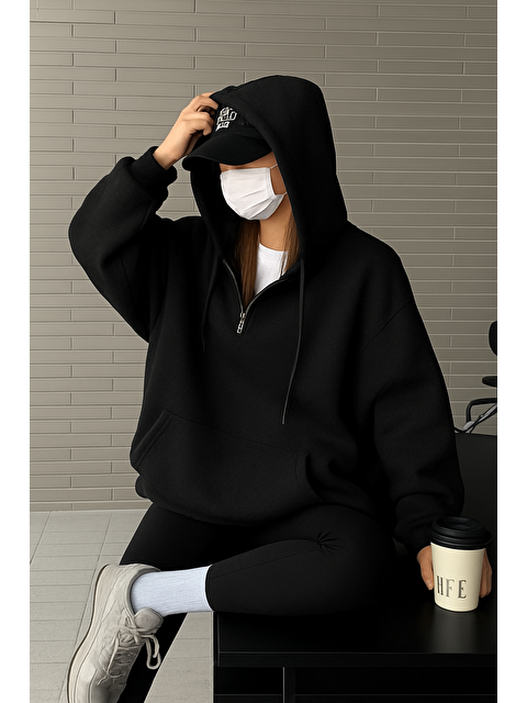 Tarz Cool Kadın Siyah Oversize Kapüşonlu Önü Fermuarlı Yumuşak Kumaş Sweatshirt - S000478489-19351