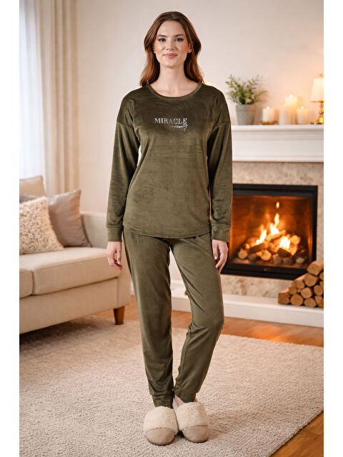 Remsa Kadın Kadife Baskılı Pijama Takımı 25382 Haki - S000494609-18547