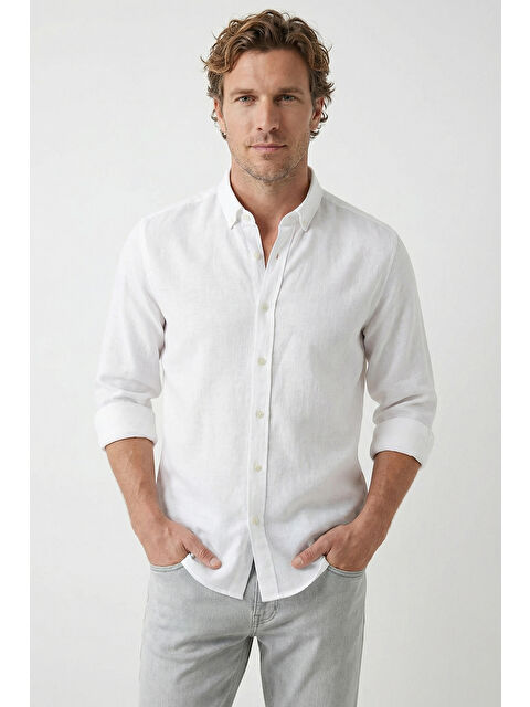 Kiğılı Uzun Kol Regular Fit Düğmeli Yaka Spor Pamuk Nefes Alabilen Keten Görünümlü Gömlek