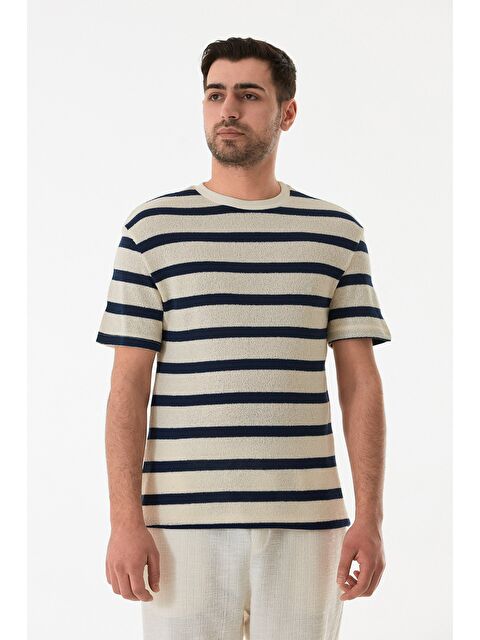 Fullamoda Çizgili Ajurlu Bisiklet Yaka Triko Tişört - S000380497-21164