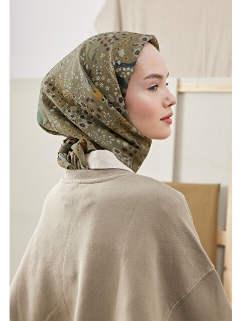 Fresh Scarfs Tıny Garden Desen Pamuk İpek Eşarp Asker Yeşili - S000422852-23173