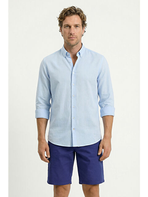 Kiğılı Uzun Kol Regular Fit Düğmeli Yaka Spor Pamuk Nefes Alabilen Keten Görünümlü Gömlek