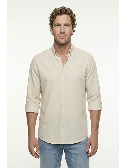 Kiğılı Uzun Kol Regular Fit Düğmeli Yaka Spor Pamuk Nefes Alabilen Keten Görünümlü Gömlek