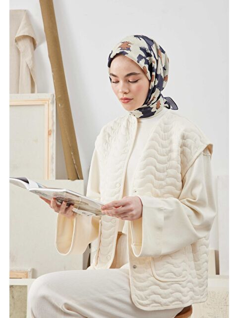 Fresh Scarfs Multı Flower Desen Pamuk İpek Eşarp Lacivert - S000422856-21164