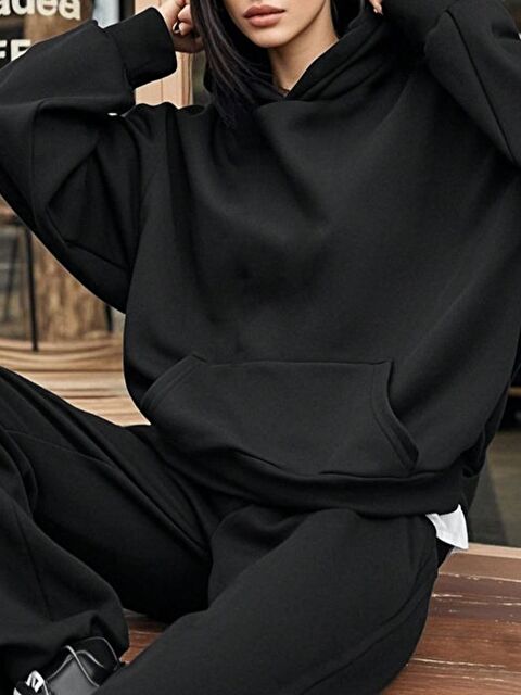 Trendseninle Kadın Siyah Düz Kapüşonlu Alt Üst Eşofman Takımı - S000473614-19351