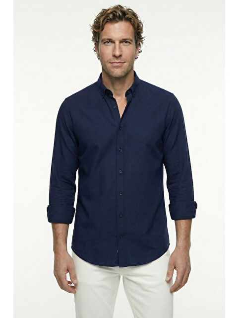 Kiğılı Uzun Kol Regular Fit Düğmeli Yaka Spor Pamuk Nefes Alabilen Keten Görünümlü Gömlek